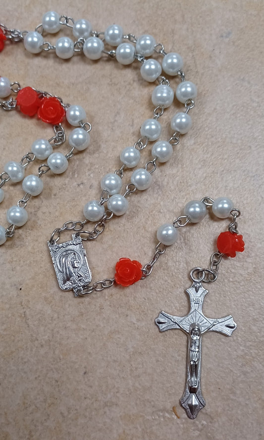 Our Lady of Lourdes White Pearl Rosary w/roses