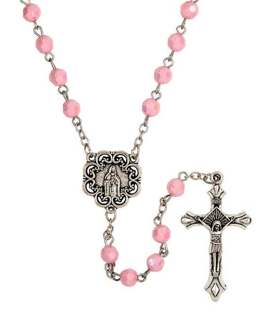 St Therese Pink Faceted Rosary