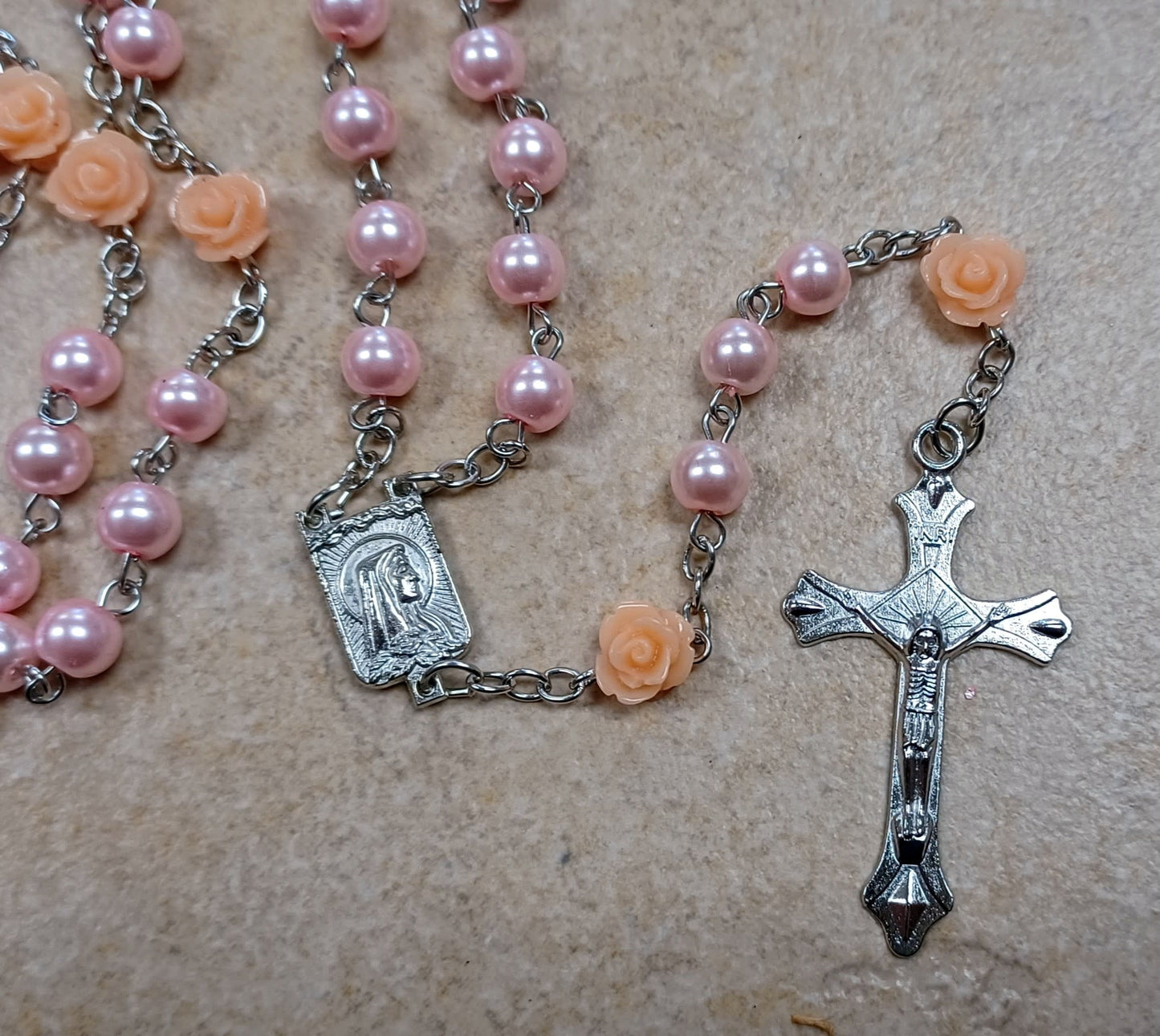 Our Lady of Lourdes Pink Pearl Rosary w/Roses
