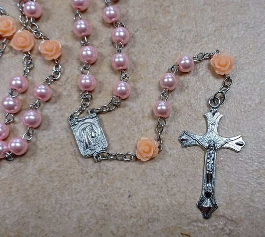 Our Lady of Lourdes Pink Pearl Rosary w/Roses