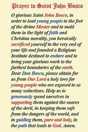 Prayer to Saint John Bosco Laminated Prayer Card