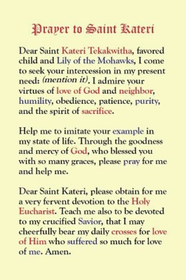 Prayer to Saint Kateri Laminated Prayer Card