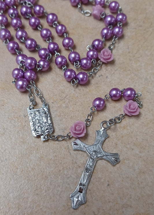Our Lady of Lourdes Purple Pearl Rosary w/Roses