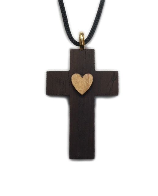Raised Heart Wood Cross w/Cord
