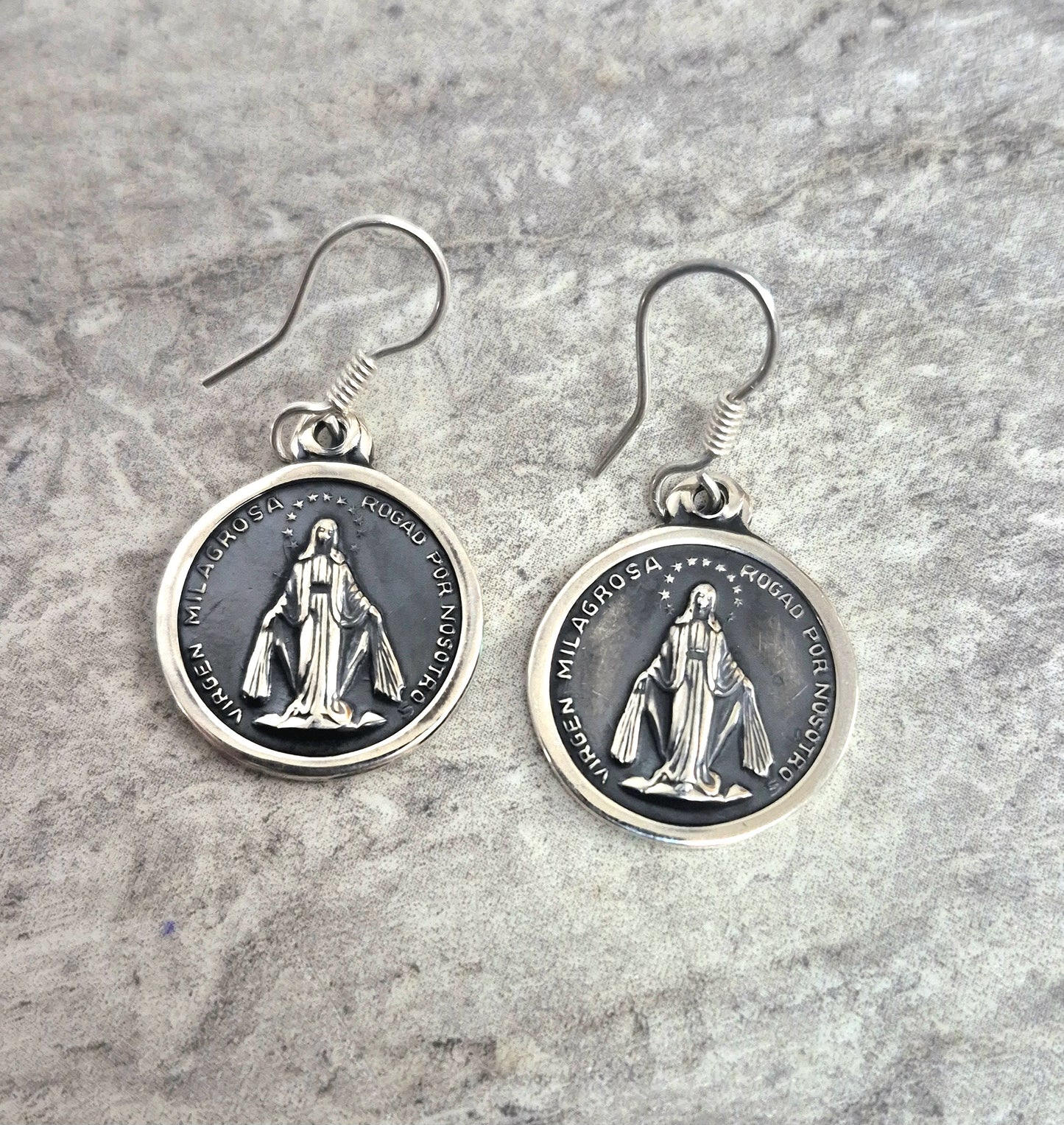 Miraculous Mother Round Sterling Silver Earrings