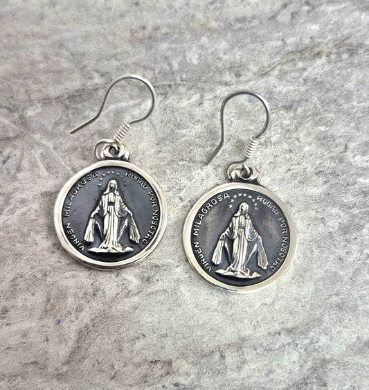 Miraculous Mother Round Sterling Silver Earrings