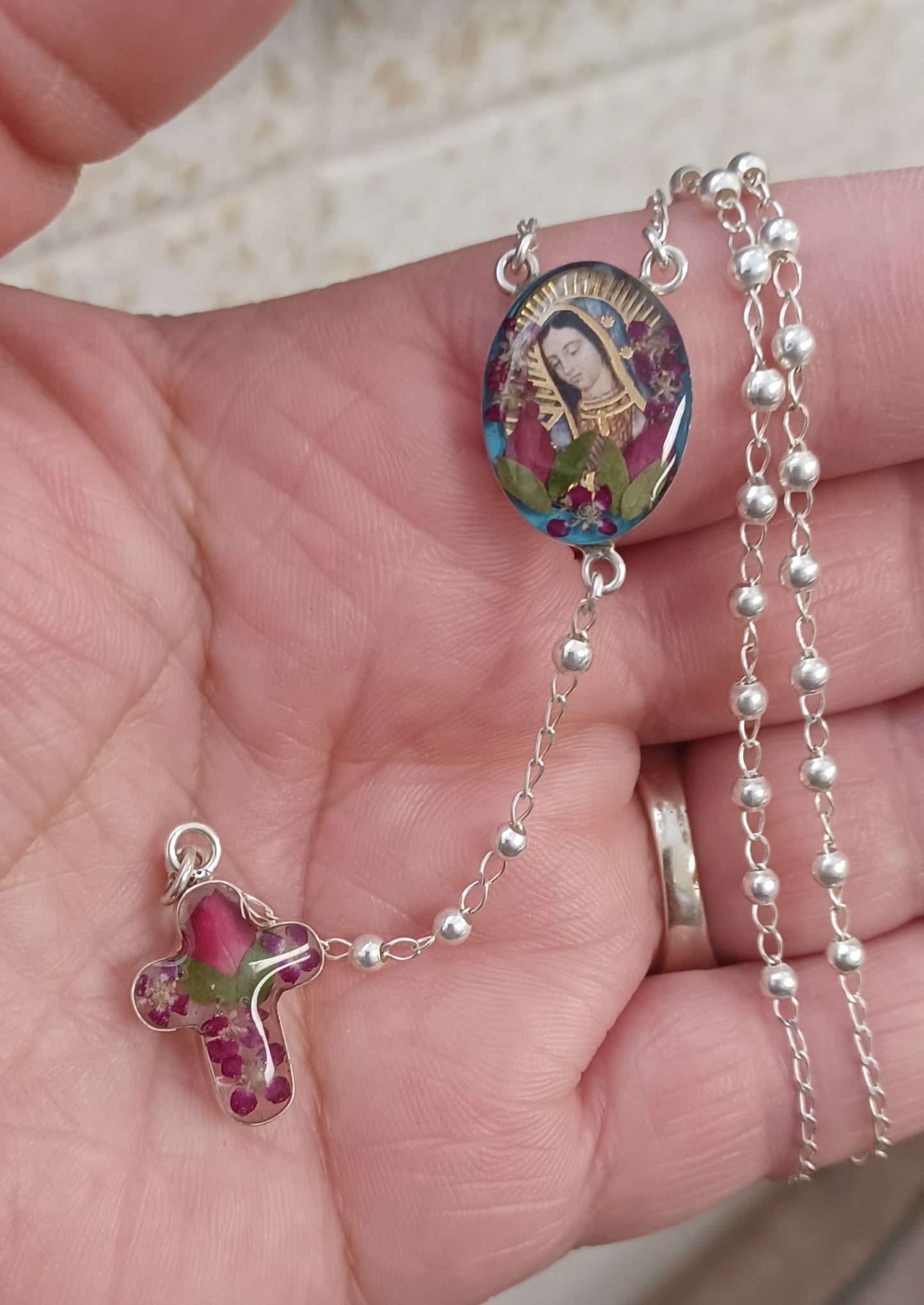 Guadalupe Sterling Silver Floral Rosary Necklace