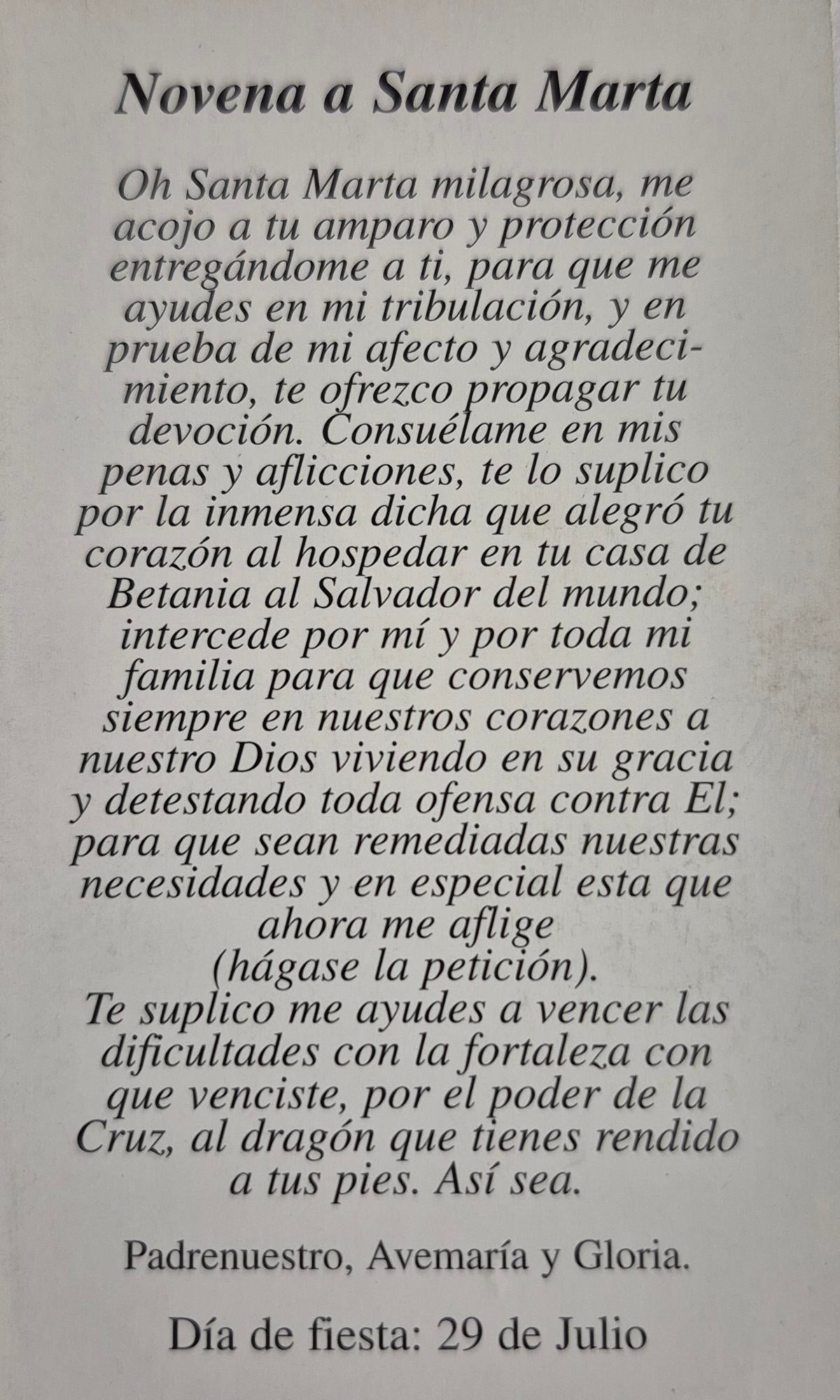 Novena A Santa Marta Tarjeta de Oracion