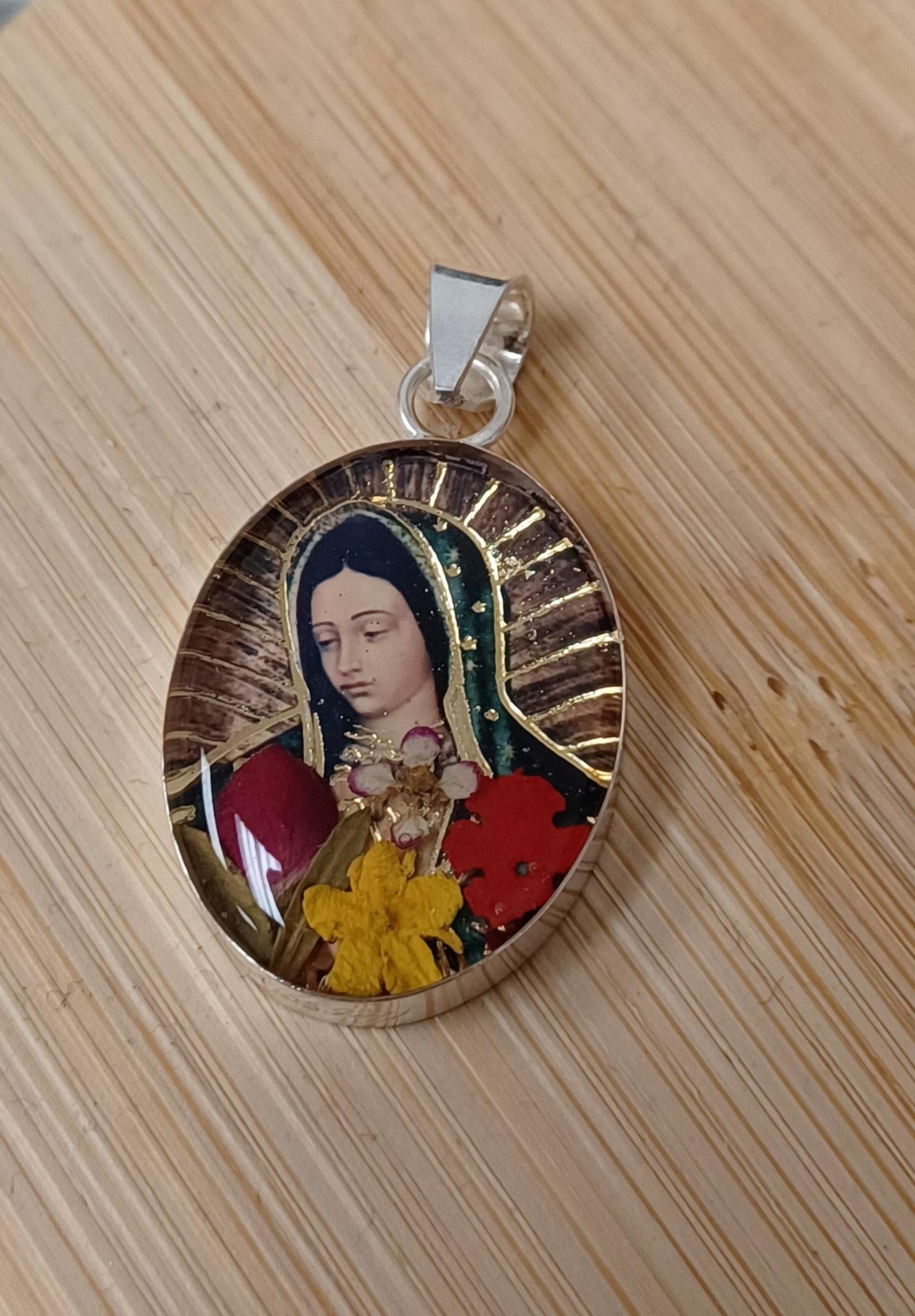 Our Lady of Guadalupe Medium SS Floral Pendant 1.25"