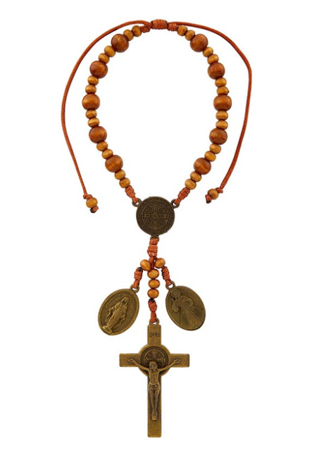St Benedict Wood Bead Auto Rosary