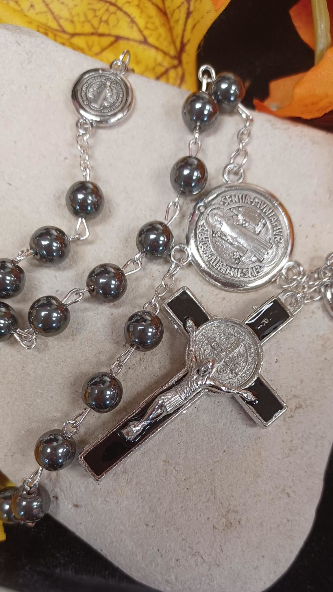 St. Benedict Hematite Bead Rosary