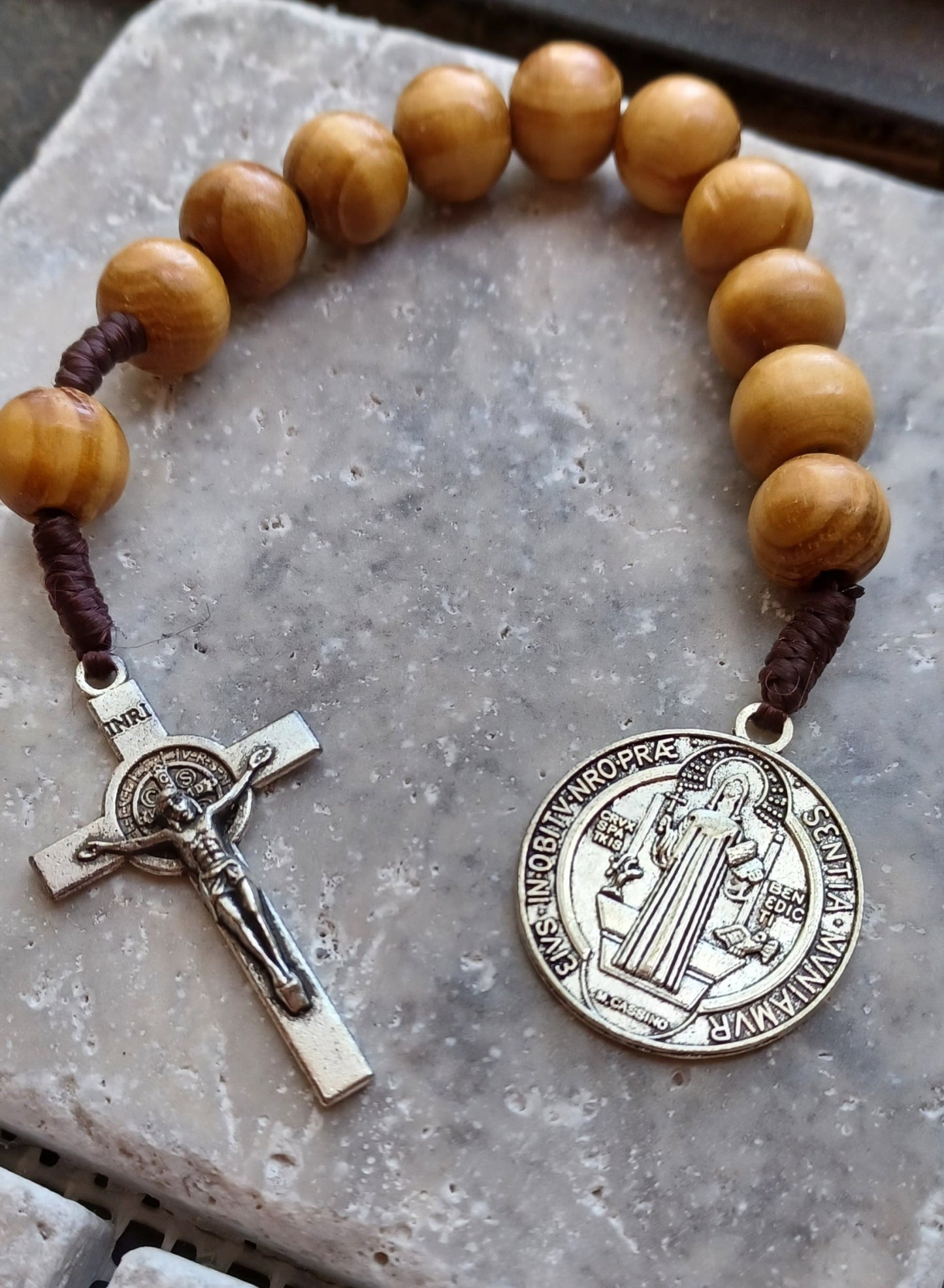 St Benedict Wood Bead Pocket Rosary