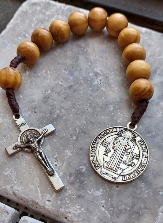 St Benedict Wood Bead Pocket Rosary