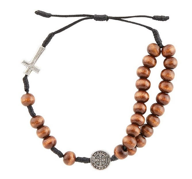St Benedict Y-Style Wood Bead Rosary Bracelet