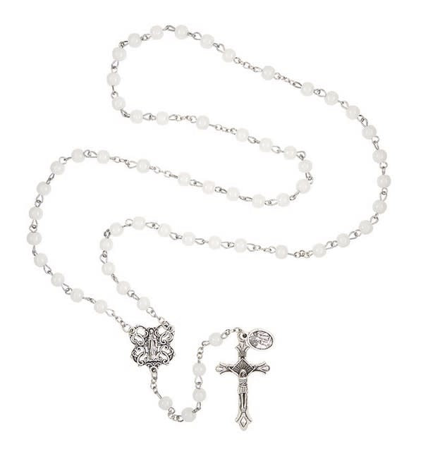 Mary and St. Michael White Glass Bead Rosary