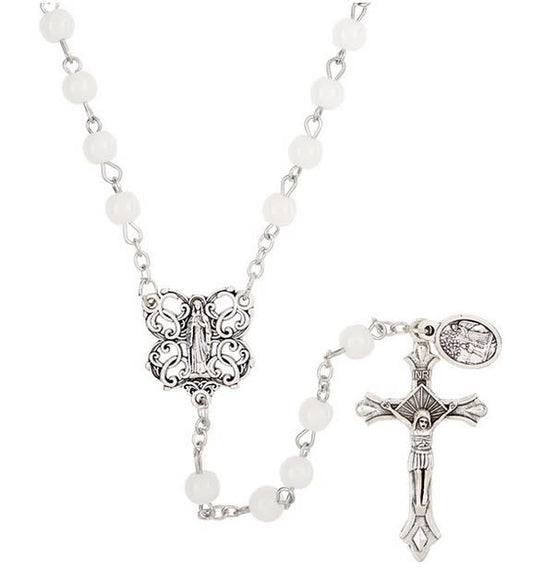 Mary and St. Michael White Glass Bead Rosary