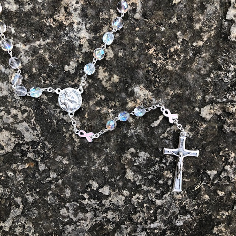 St Peregrine w/Pink Ribbon Iridescent Rosary