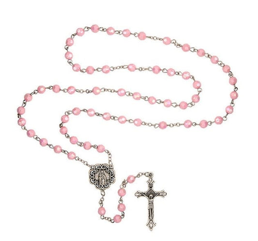 St Therese Pink Faceted Rosary