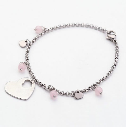 Stainless Steel Heart Bracelet Rose Quartz