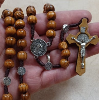 St Benedict Round Wood Bead Rosary w/wooden Crucifix
