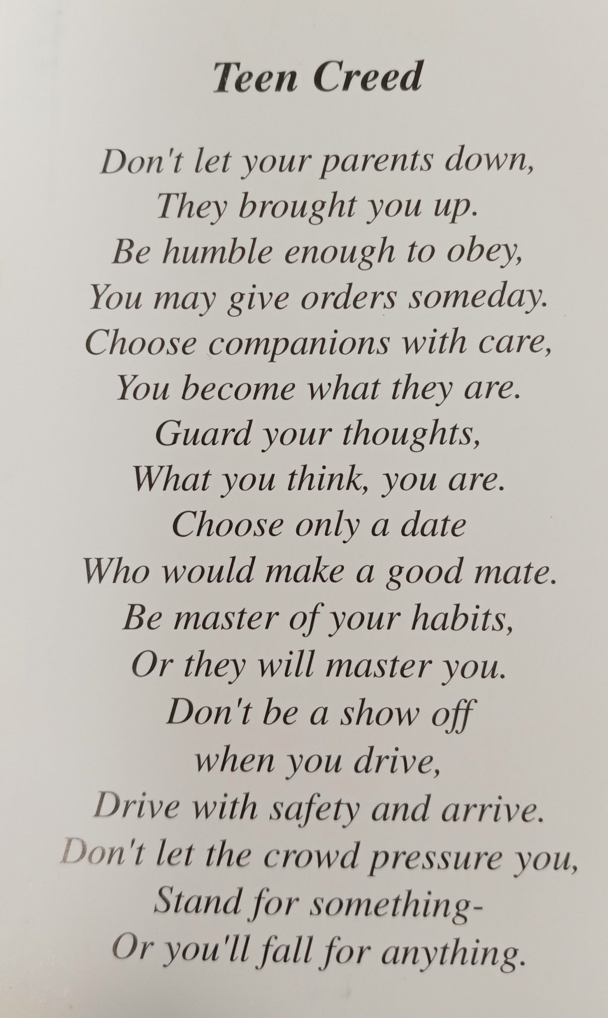 Teen Creed Prayer Card