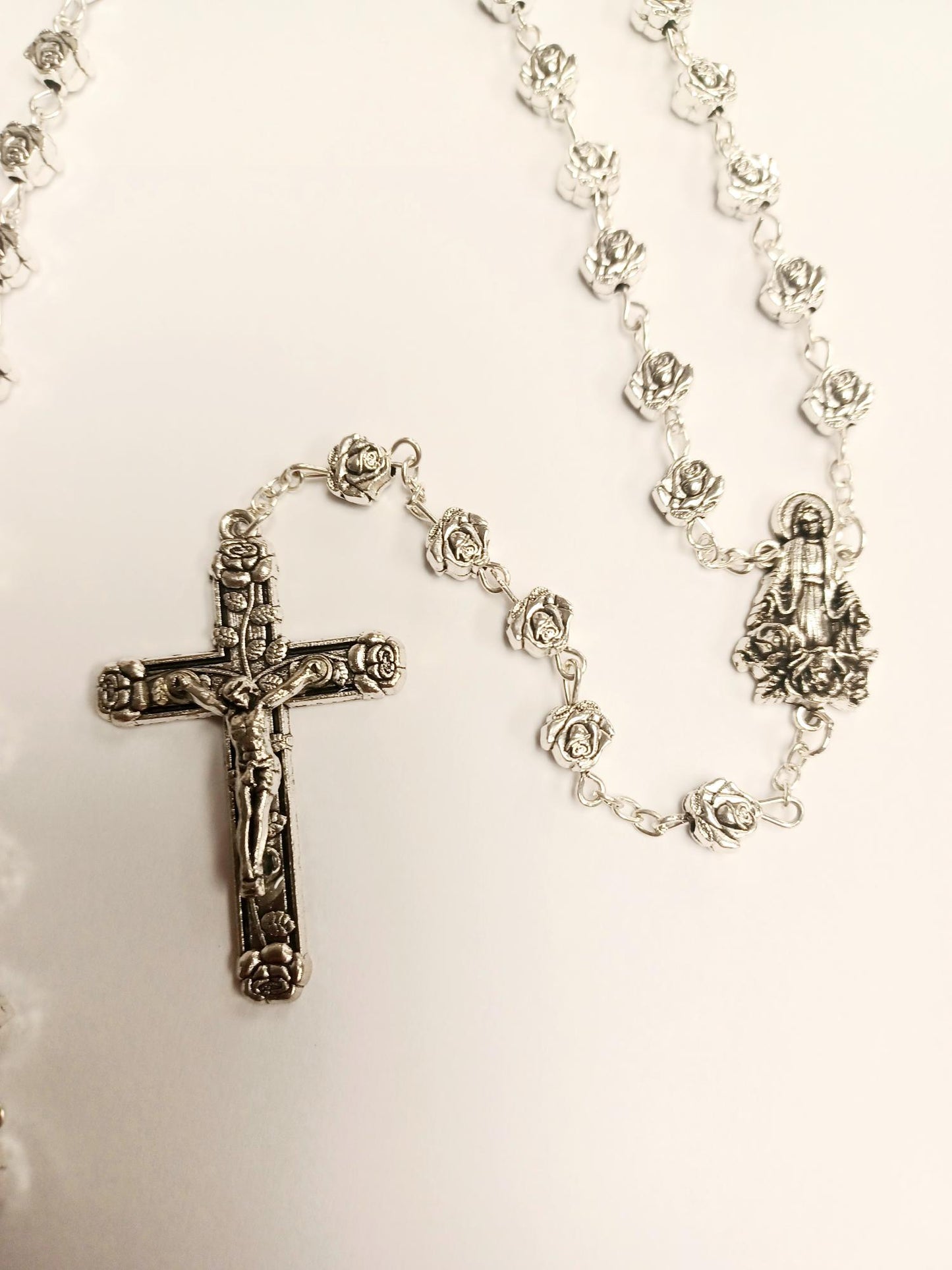 Miraculous Mother Silver Tone Devotional Rose Rosary