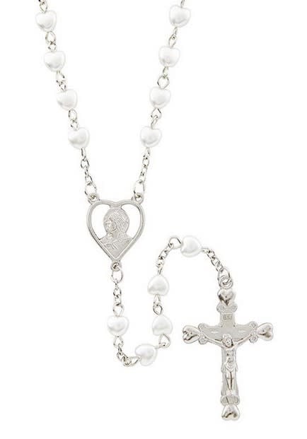 White Pearl Heart Rosary